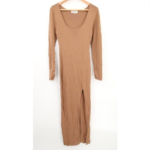 House of CB London Maxi Dress Tan Nude Ribbed Long Sleeve Slit Scoop Neck Large - Picture 2 of 11